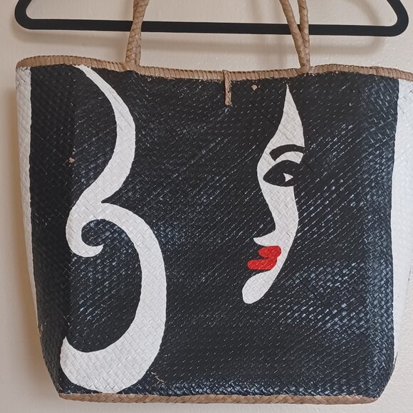 MALAYSIAN Traditional Sarawak Palm Straw Tote-HANDMADE! READ!-Blk/Wht/Red - Picture 2 of 4